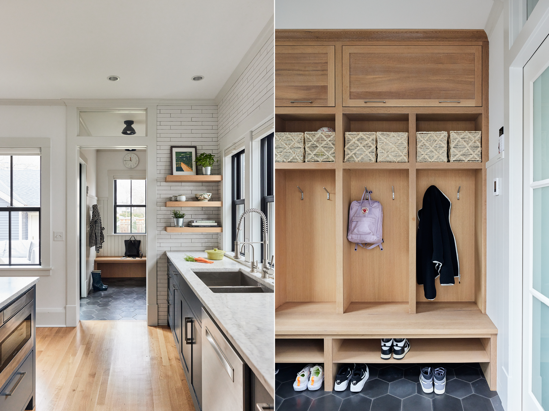 Modern kitchen with light wood floors and white tile, leading to a mudroom with wooden cubbies, baskets, shoes, a purple backpack, and black coat, both spaces bright with natural light.