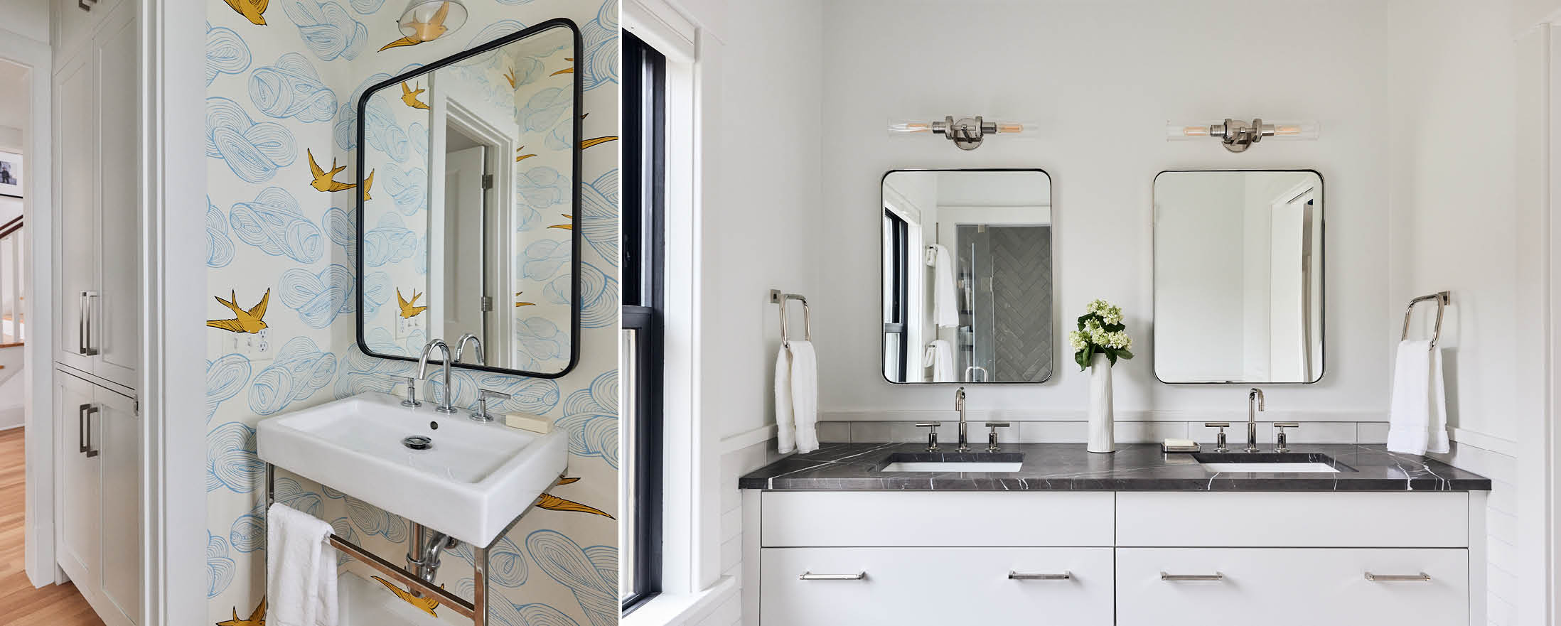 Side-by-side bathrooms: one with bird-patterned wallpaper, a single sink, and a rectangular mirror; the other with a double vanity, two mirrors, and minimal decor.
