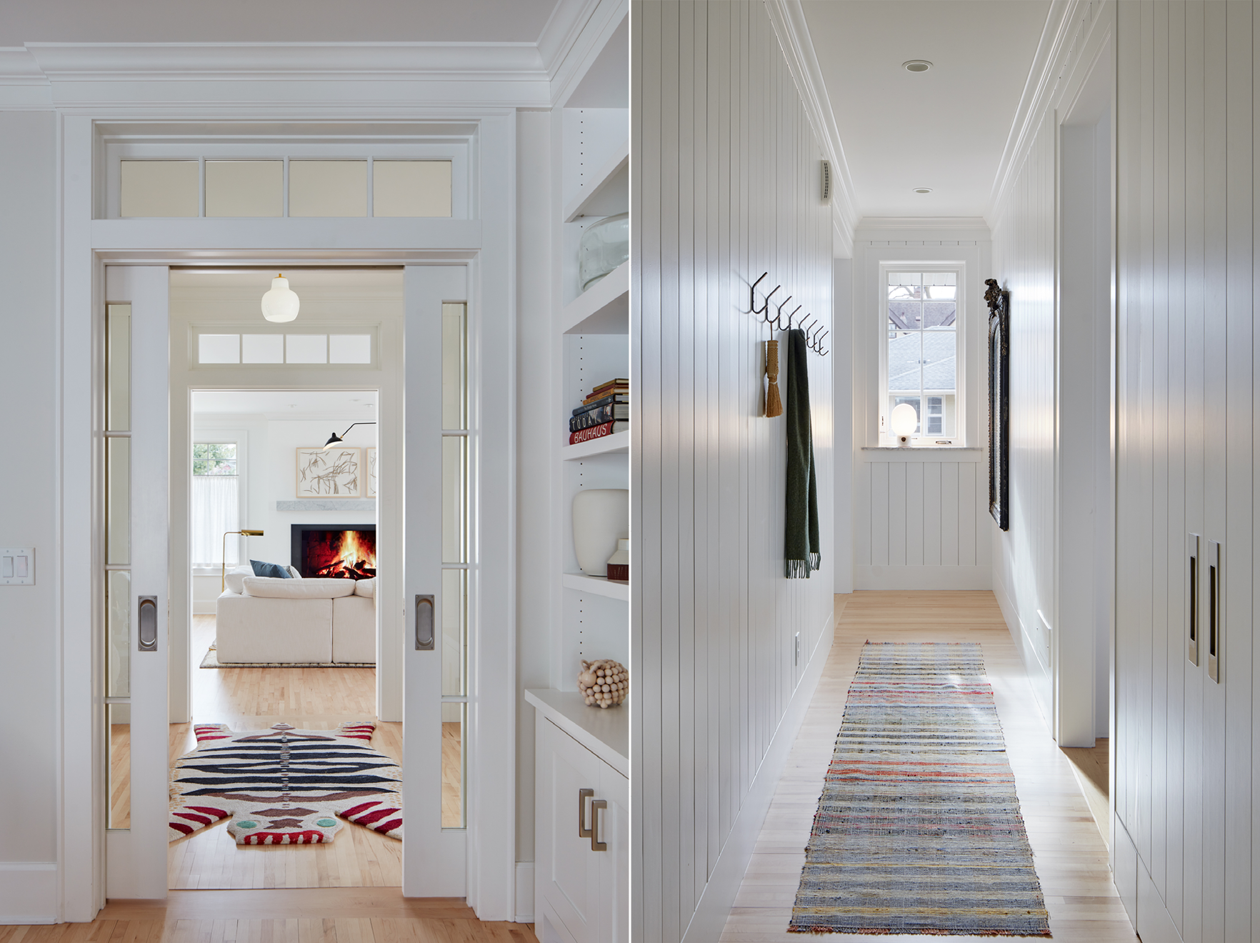 Left: View through double doors to a bright living room with a fireplace and a striped rug, offering a sense of revival and warmth. Right: Long hallway with white walls, a window at the end, hooks, and a colorful runner rug on the light wood floor.
